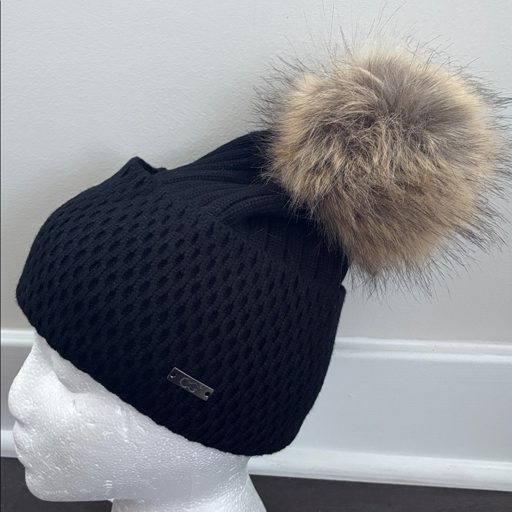 CG New York Knit Cuffed Fur Pom Pom beanie, hat,logo,warm winter